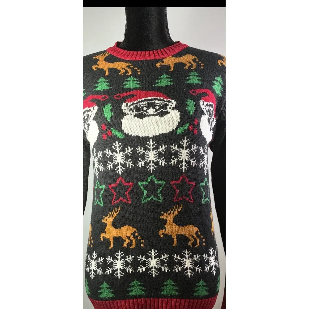 Ugly Christmas Sweater‎ Santa Reindeer Fair Isle Black Red Knit Unisex Small
